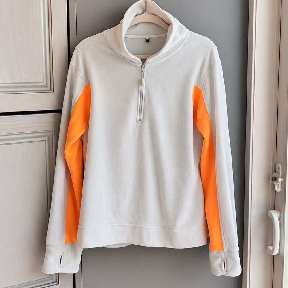AFNAN XXL white fleece quarter-zip pullover bright neon orange thumbhole cuffs